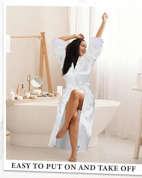 Long Satin Feather Trim Bridal Robe - Luzilly Bridal & Apparel