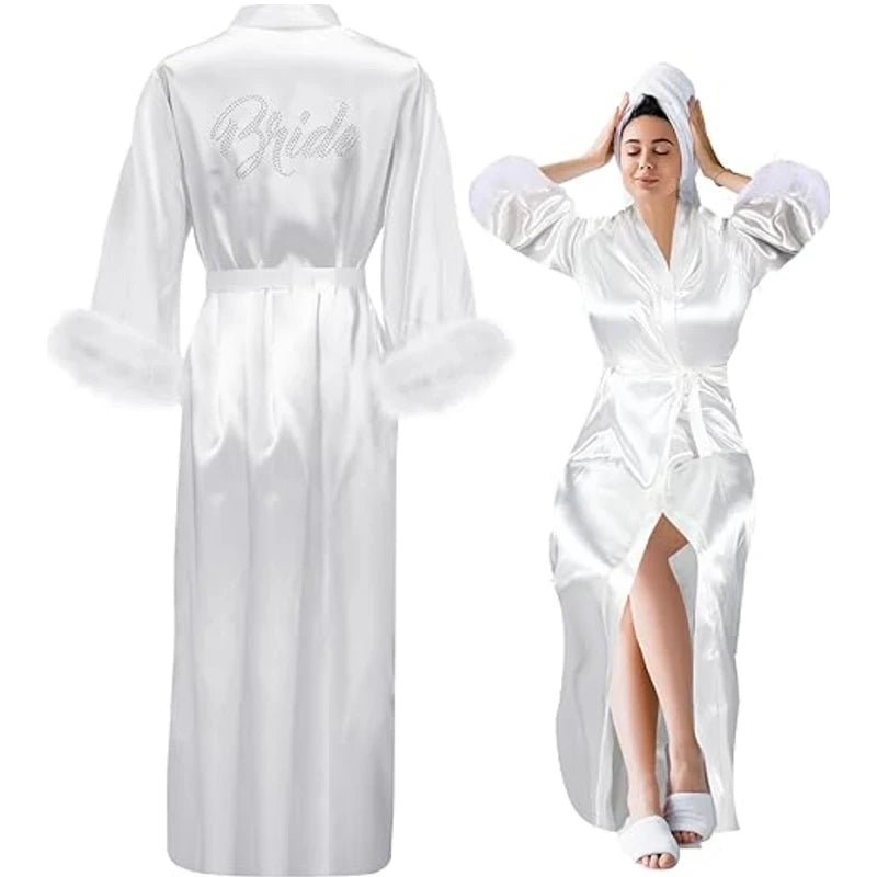 Long Satin Feather Trim Bridal Robe - Luzilly Bridal & Apparel