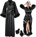 Long Satin Feather Trim Bridal Robe - Luzilly Bridal & Apparel