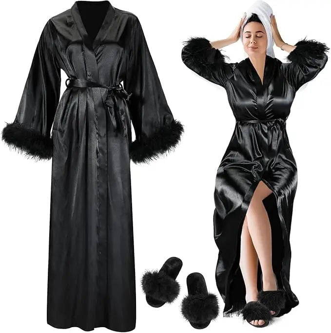 Long Satin Feather Trim Bridal Robe - Luzilly Bridal & Apparel