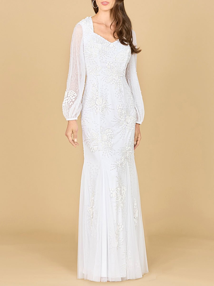 Long Sleeve Beaded Bridal Gown - Luzilly Bridal & Apparel