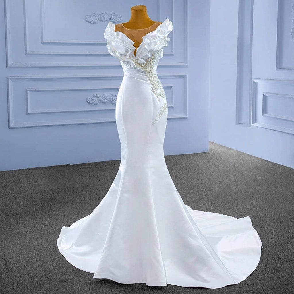 Long Sleeve Beaded Lace Mermaid Wedding Dress with V-Neckline - Luzilly Bridal & Apparel
