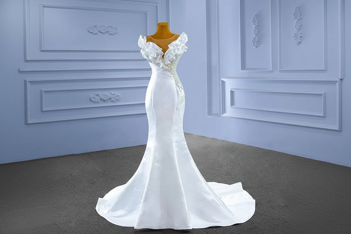 Long Sleeve Beaded Lace Mermaid Wedding Dress with V-Neckline - Luzilly Bridal & Apparel