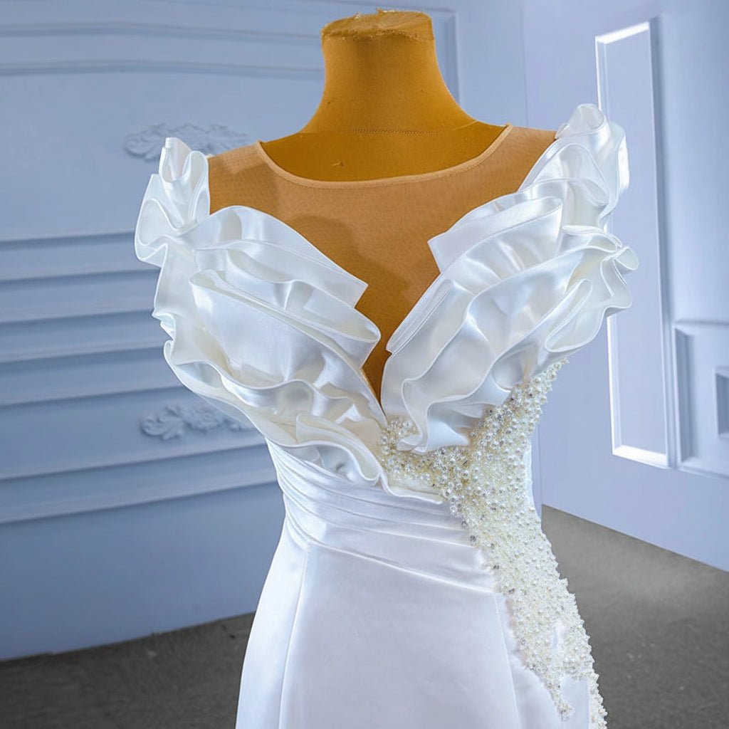 Long Sleeve Beaded Lace Mermaid Wedding Dress with V-Neckline - Luzilly Bridal & Apparel