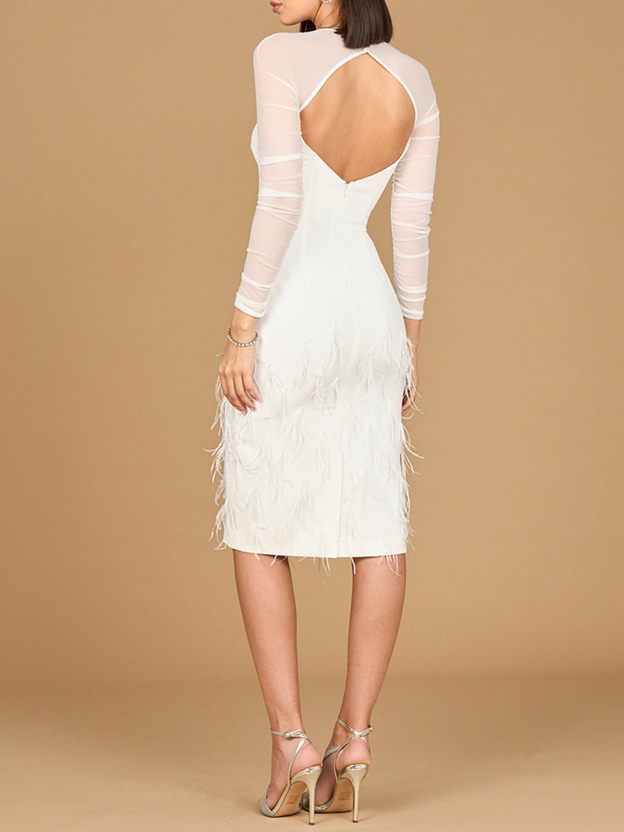 Long Sleeve Bridal Midi Gown with Feathers - Luzilly Bridal & Apparel