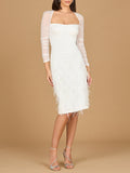 Long Sleeve Bridal Midi Gown with Feathers - Luzilly Bridal & Apparel