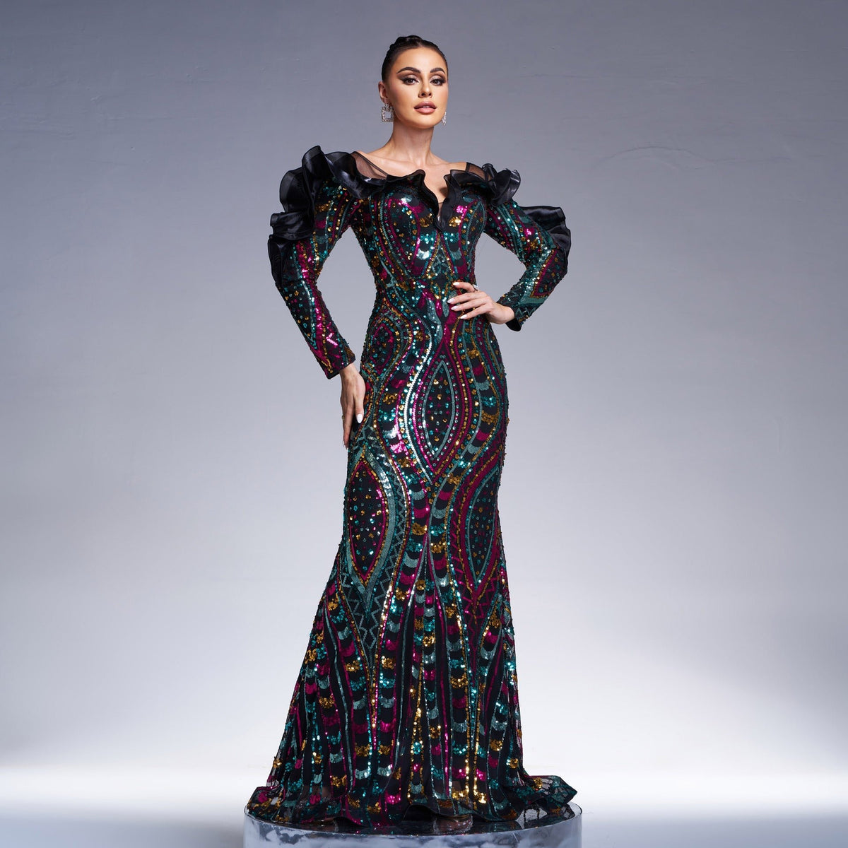 Long-Sleeve Cutout Sequined Fishtail Dress - Luzilly Bridal & Apparel