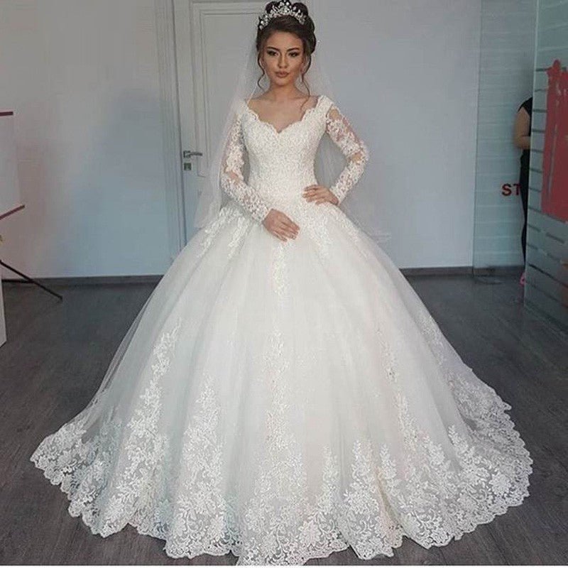 Long-Sleeve Lace & Pearl Wedding Dress - Luzilly Bridal & Apparel