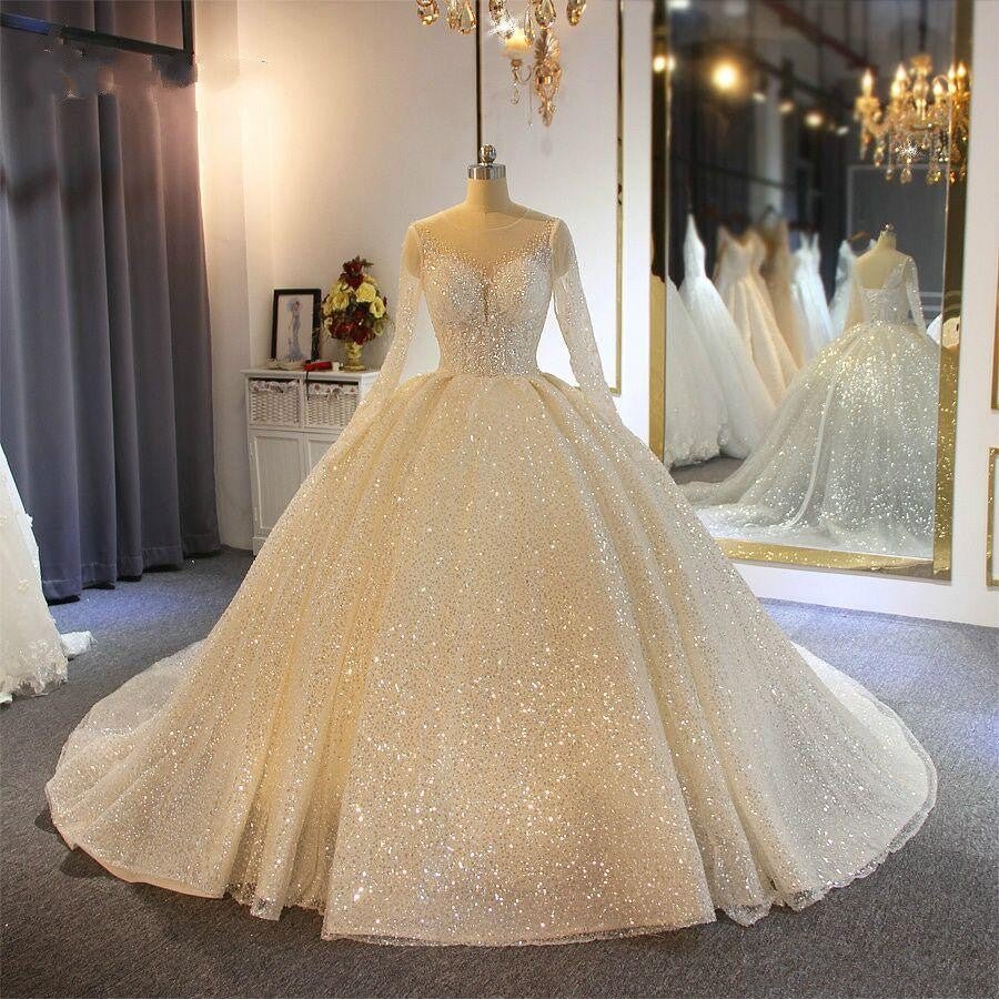 Long Sleeve Round Neck High Waist Wedding Dress - Luzilly Bridal & Apparel