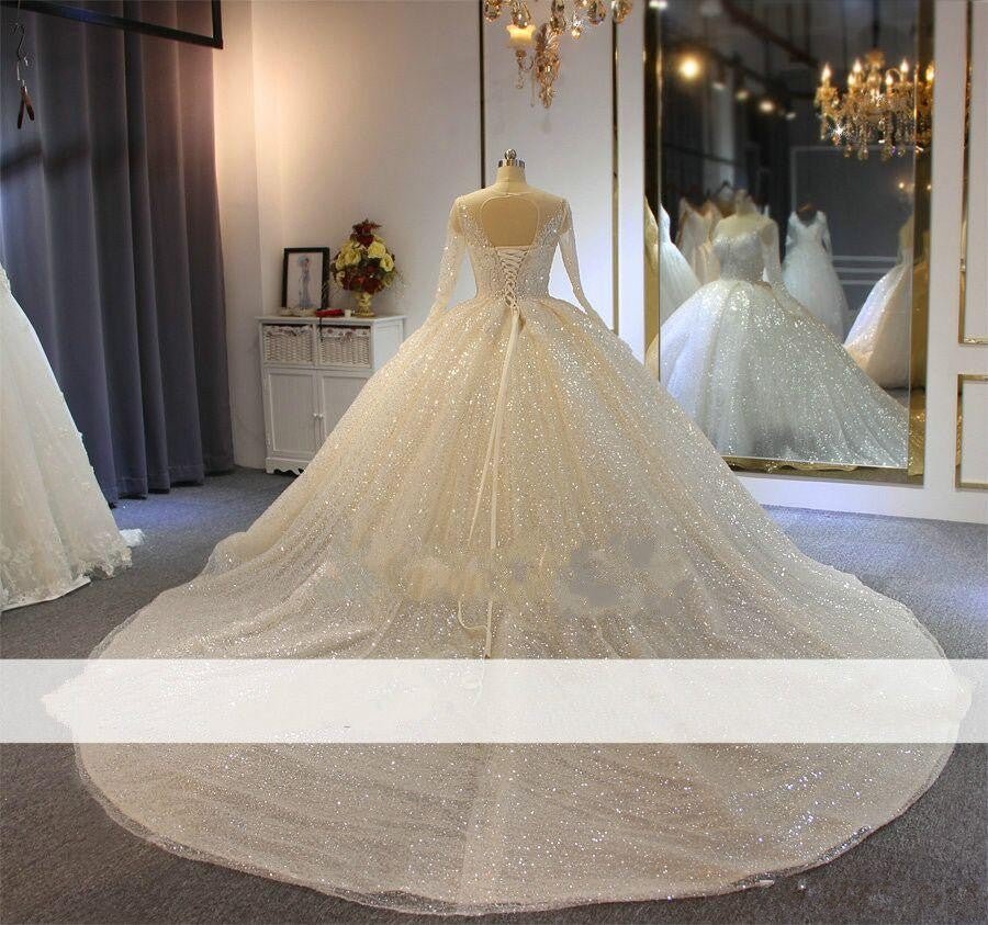 Long Sleeve Round Neck High Waist Wedding Dress - Luzilly Bridal & Apparel
