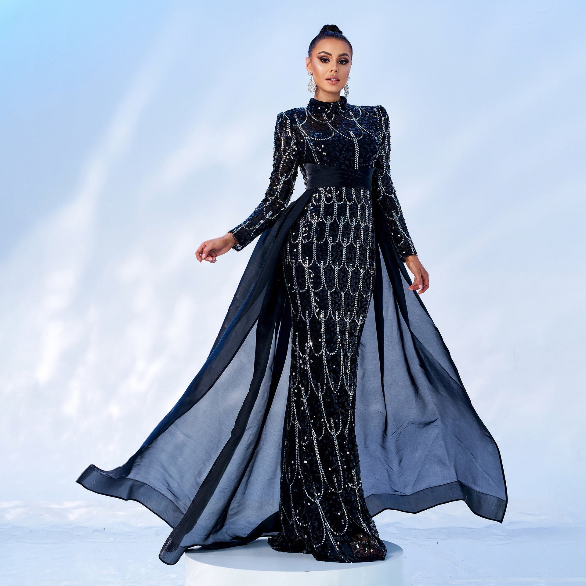 Long Sleeve round Neck Long Sequined Cocktail Cape Fishtail Evening Dress Bridesmaid Dress Women - Luzilly Bridal & Apparel