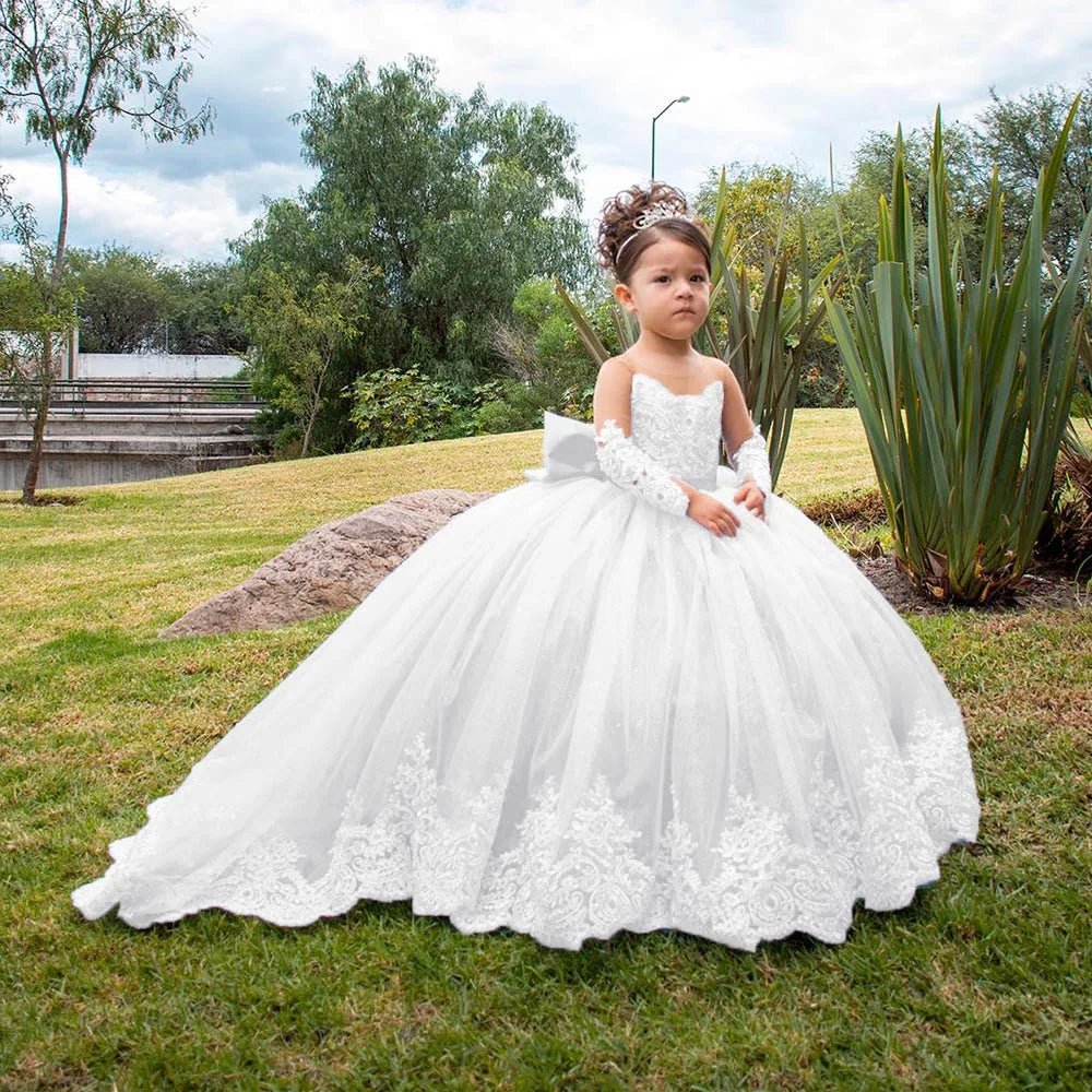 Long-Sleeve Satin Bow Flower Girl Ball Gown - Luzilly Bridal & Apparel