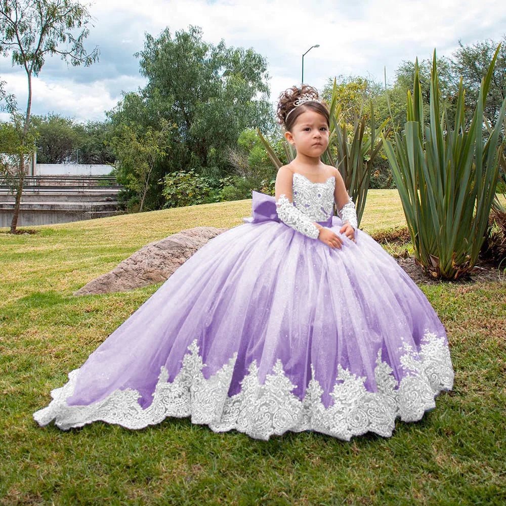 Long-Sleeve Satin Bow Flower Girl Ball Gown - Luzilly Bridal & Apparel