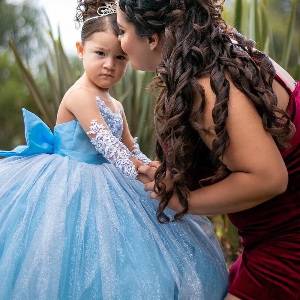 Long-Sleeve Satin Bow Flower Girl Ball Gown - Luzilly Bridal & Apparel