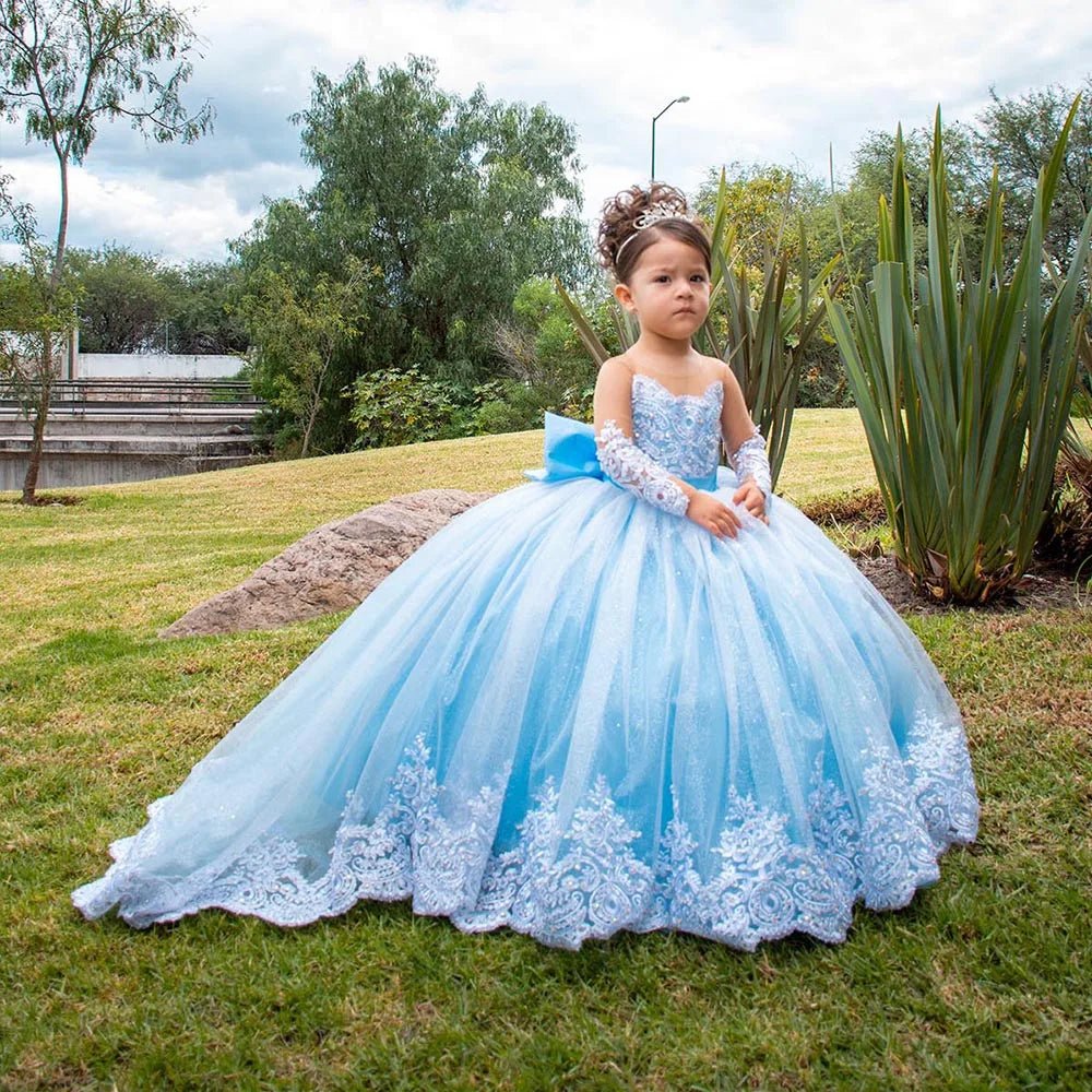 Long-Sleeve Satin Bow Flower Girl Ball Gown - Luzilly Bridal & Apparel