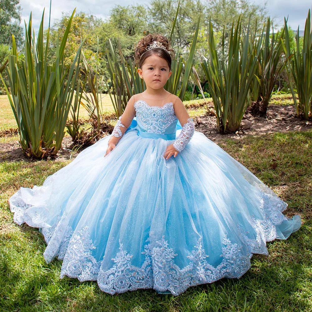 Long-Sleeve Satin Bow Flower Girl Ball Gown - Luzilly Bridal & Apparel
