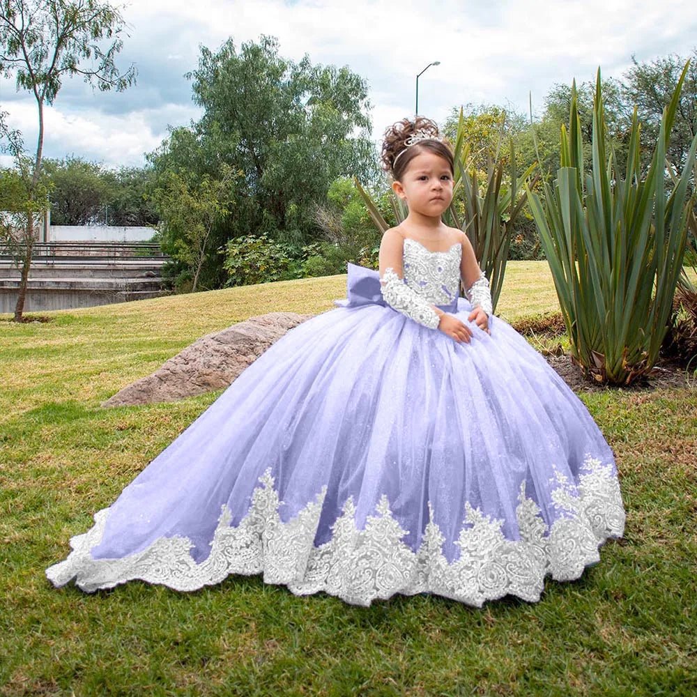 Long-Sleeve Satin Bow Flower Girl Ball Gown - Luzilly Bridal & Apparel