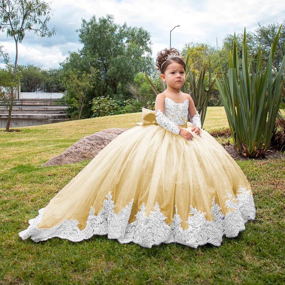 Long-Sleeve Satin Bow Flower Girl Ball Gown - Luzilly Bridal & Apparel