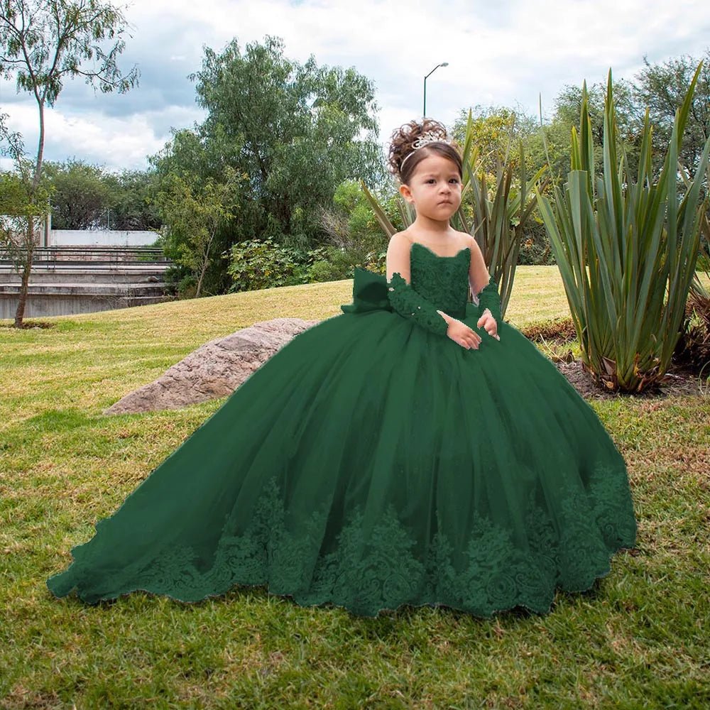 Long-Sleeve Satin Bow Flower Girl Ball Gown - Luzilly Bridal & Apparel