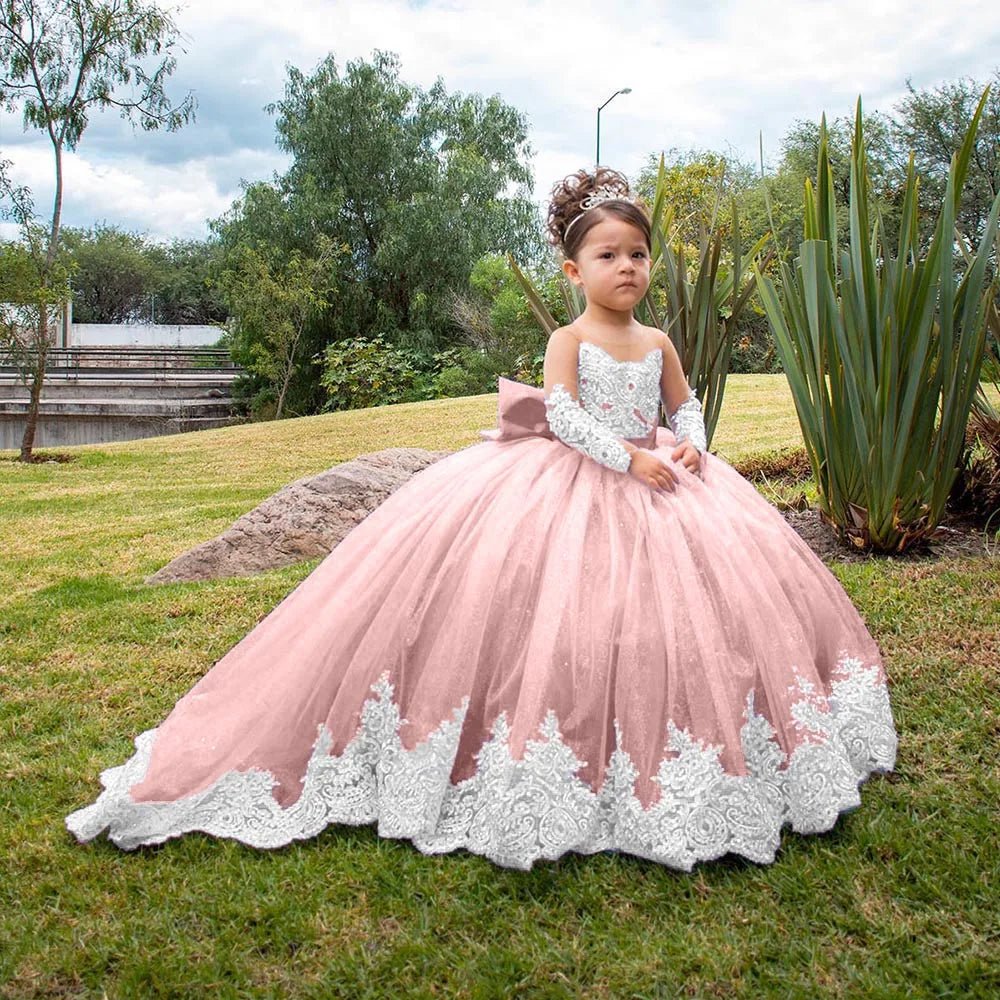 Long-Sleeve Satin Bow Flower Girl Ball Gown - Luzilly Bridal & Apparel
