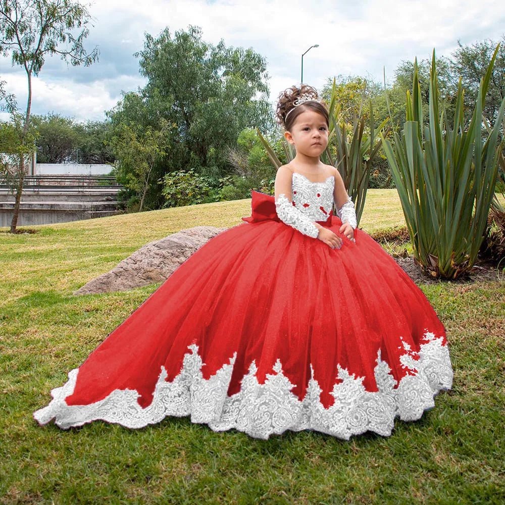 Long-Sleeve Satin Bow Flower Girl Ball Gown - Luzilly Bridal & Apparel