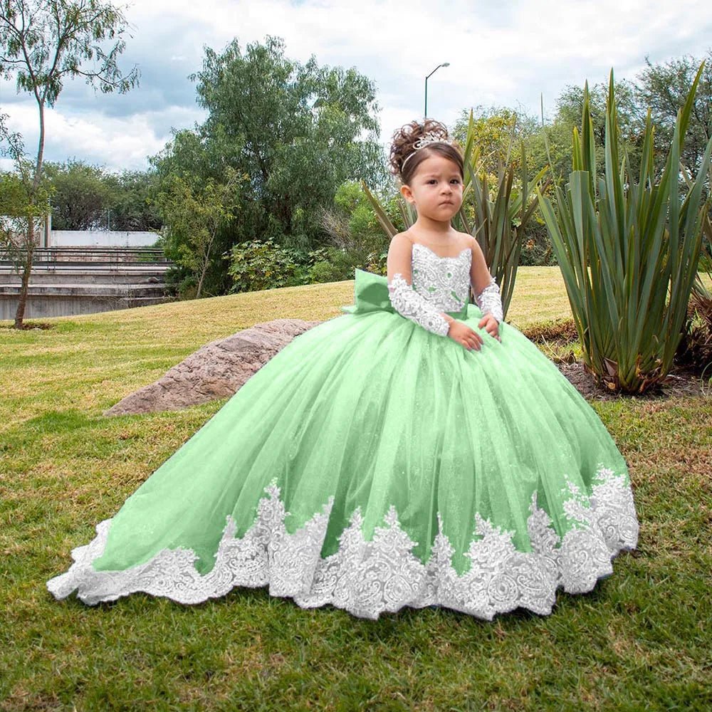 Long-Sleeve Satin Bow Flower Girl Ball Gown - Luzilly Bridal & Apparel