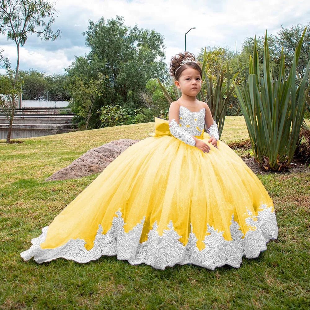 Long-Sleeve Satin Bow Flower Girl Ball Gown - Luzilly Bridal & Apparel