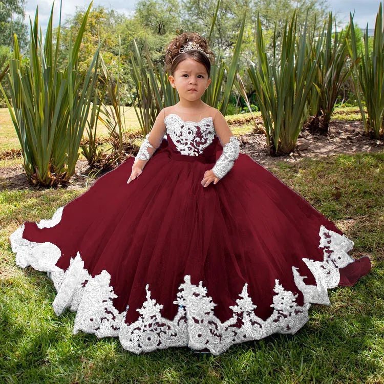 Long-Sleeve Satin Bow Flower Girl Ball Gown - Luzilly Bridal & Apparel