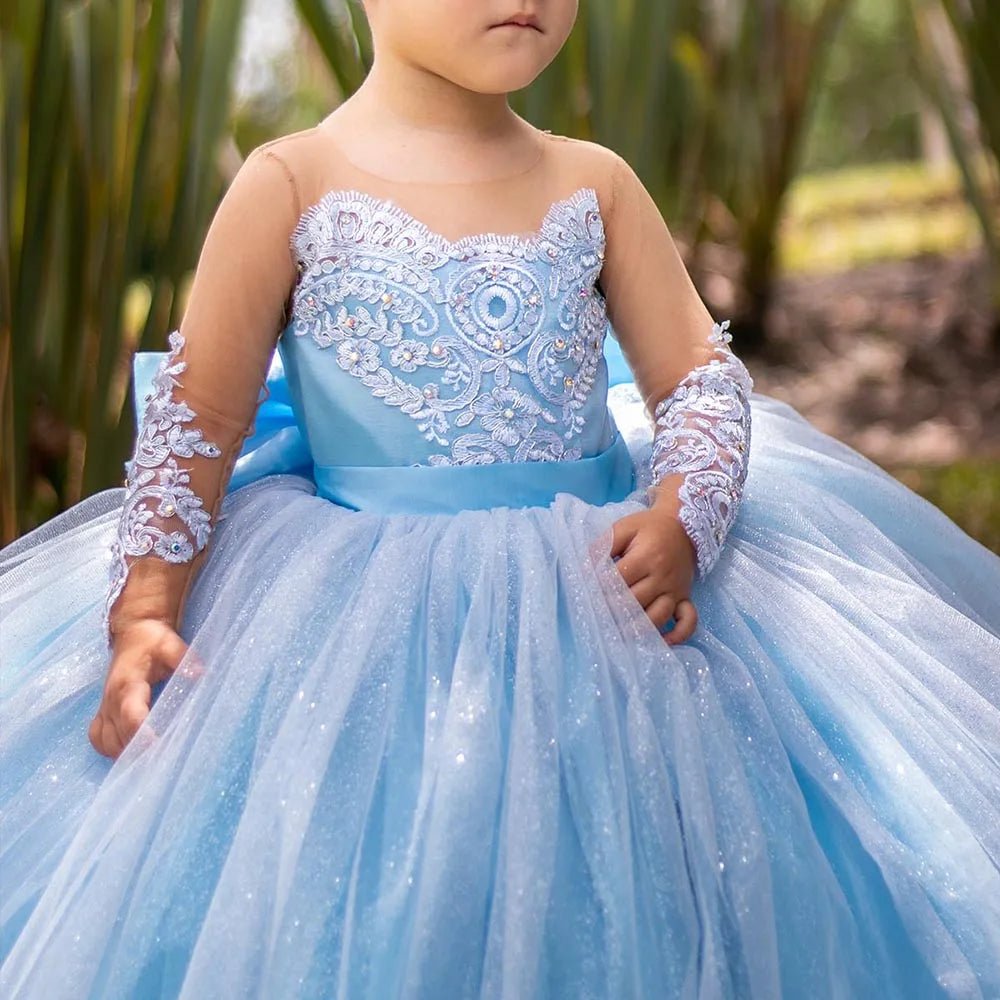 Long-Sleeve Satin Bow Flower Girl Ball Gown - Luzilly Bridal & Apparel