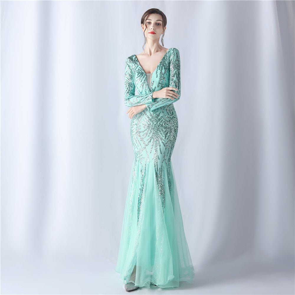 Long-Sleeve Sequin Mesh Evening Dress - Luzilly Bridal & Apparel