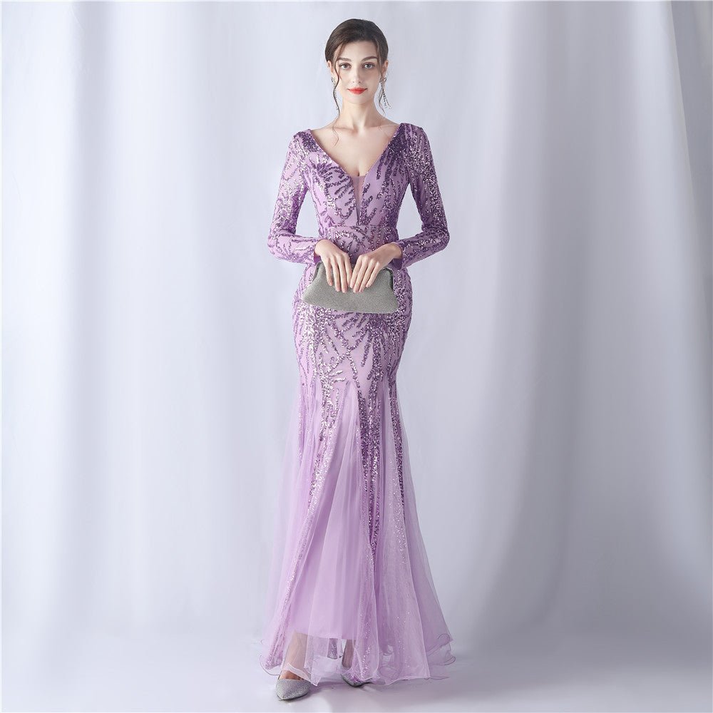 Long-Sleeve Sequin Mesh Evening Dress - Luzilly Bridal & Apparel