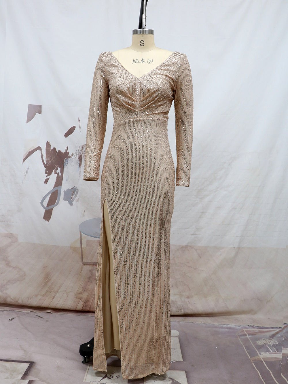 Long-Sleeve Sequined Evening Dress - Luzilly Bridal & Apparel