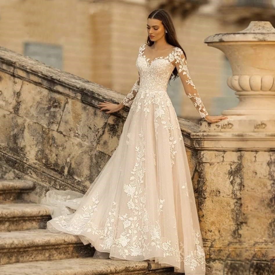 Long Sleeve Wedding Dress Mori Style Bridal Simple Round Neck - Luzilly Bridal & Apparel