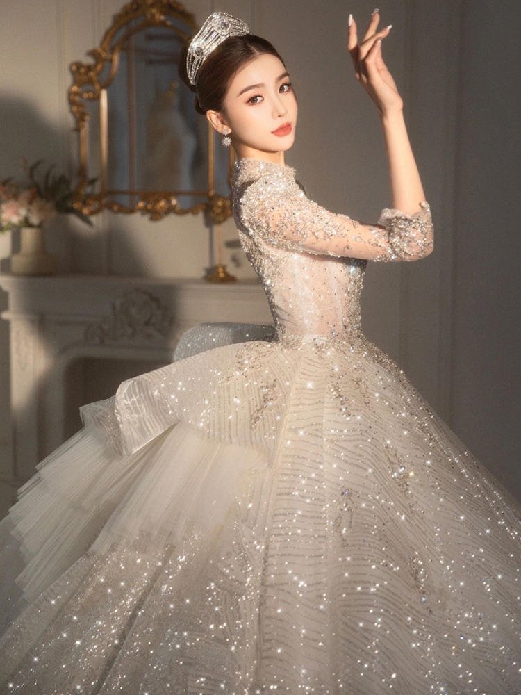 Long Sleeved Retro Bride Luxurious French Wedding Dress For Women - Luzilly Bridal & Apparel