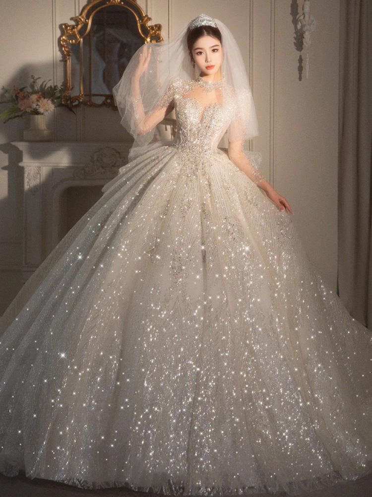 Long Sleeved Retro Bride Luxurious French Wedding Dress For Women - Luzilly Bridal & Apparel
