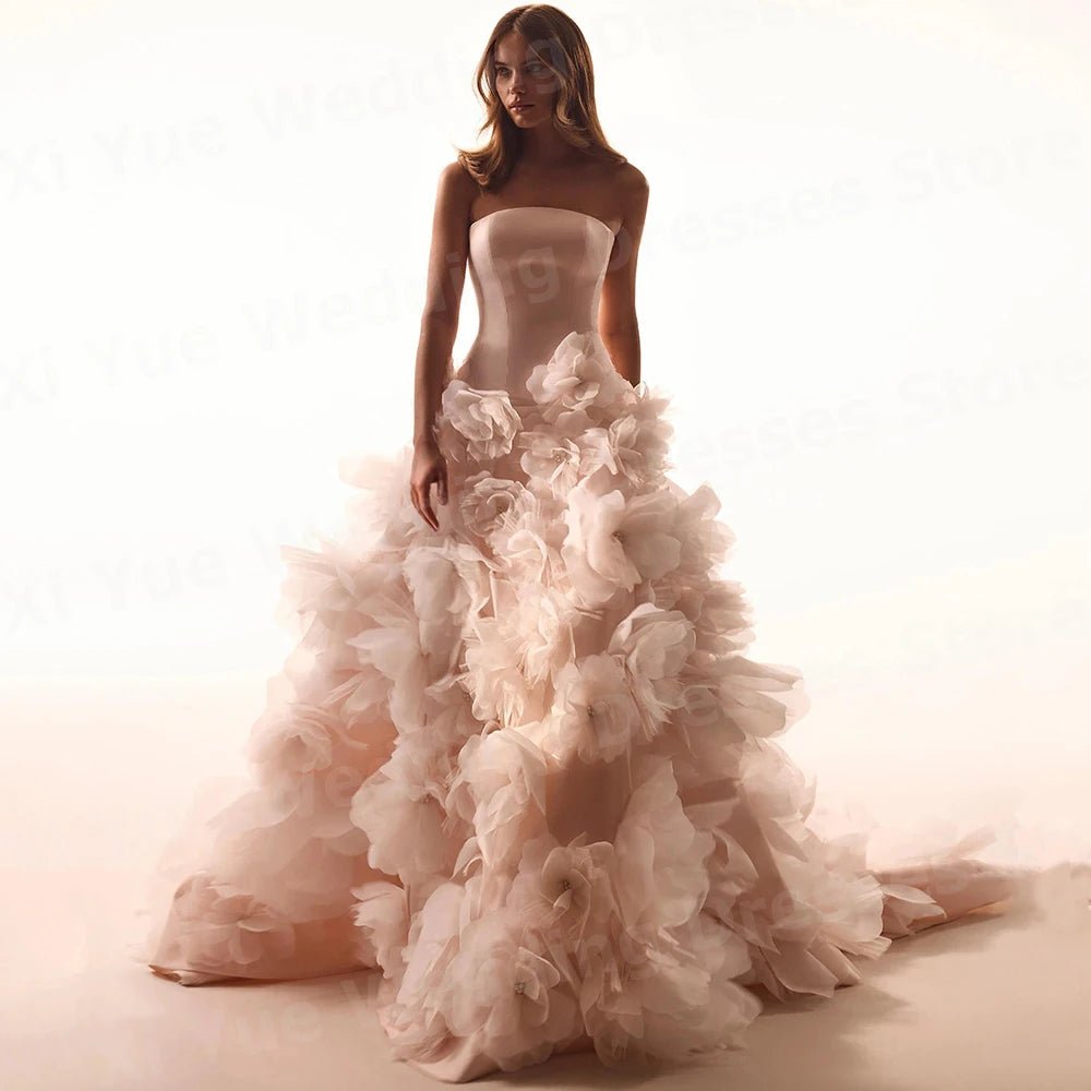 Luxurious A Line Women's Wedding Dresses Strapless Flowers Vestidos De Novias De Boda Bride Gowns Customized Backless Vestidos - Luzilly Bridal & Apparel