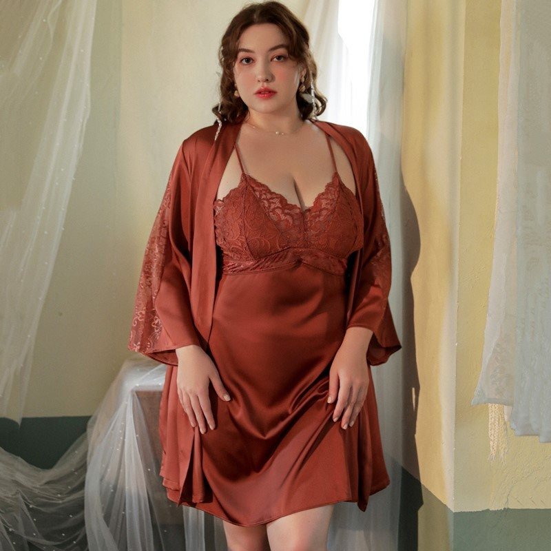 Luxurious Lace Satin Bridal Lingerie Set with Nightgown & Robe - 7 Colors Next Day Shipping - Luzilly Bridal & Apparel