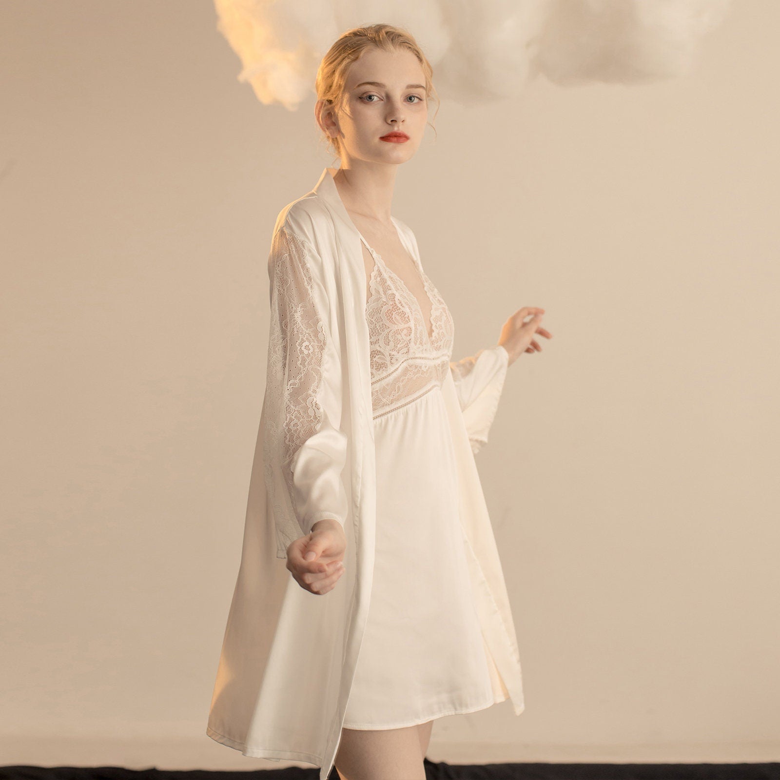Luxurious Lace Satin Bridal Lingerie Set with Nightgown & Robe - 7 Colors Next Day Shipping - Luzilly Bridal & Apparel