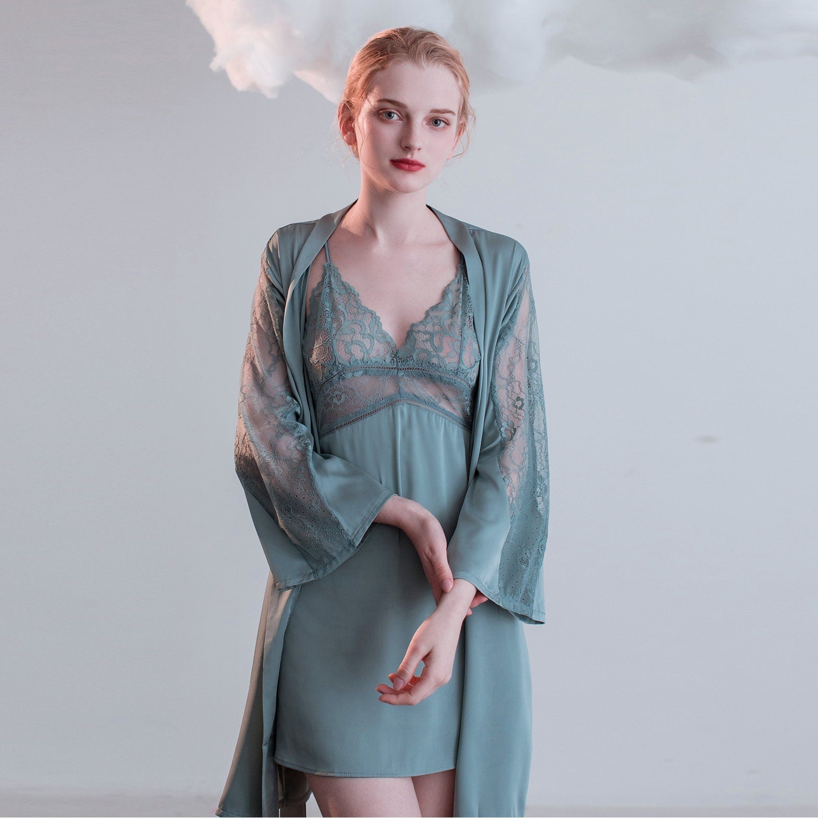 Luxurious Lace Satin Bridal Lingerie Set with Nightgown & Robe - 7 Colors Next Day Shipping - Luzilly Bridal & Apparel
