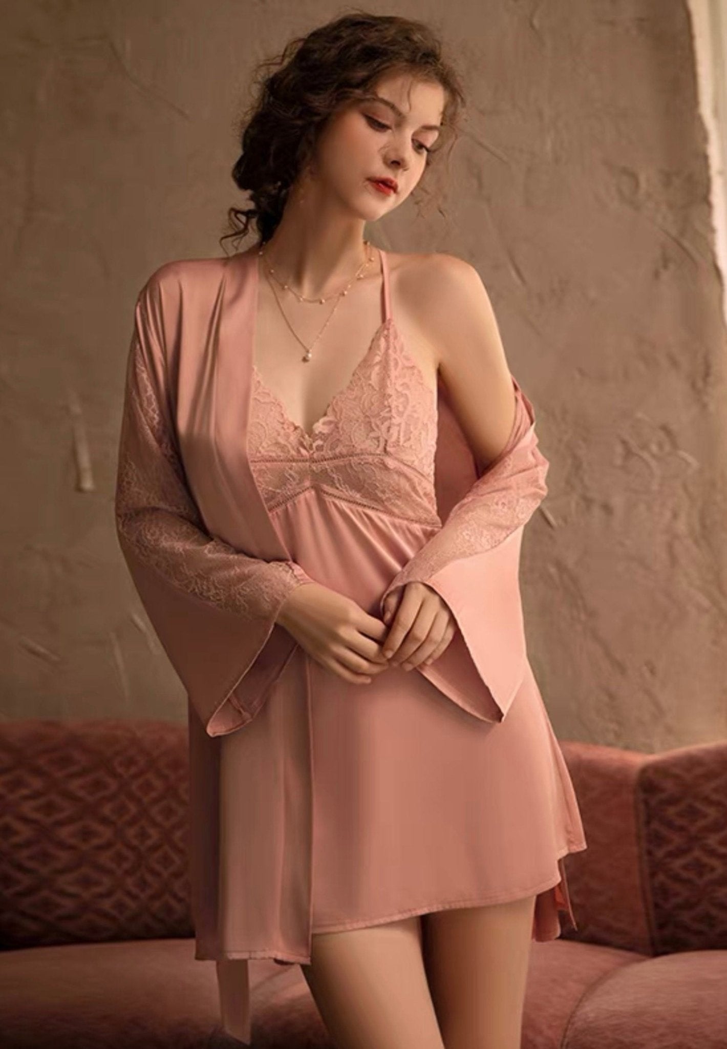 Luxurious Lace Satin Bridal Lingerie Set with Nightgown & Robe - 7 Colors Next Day Shipping - Luzilly Bridal & Apparel