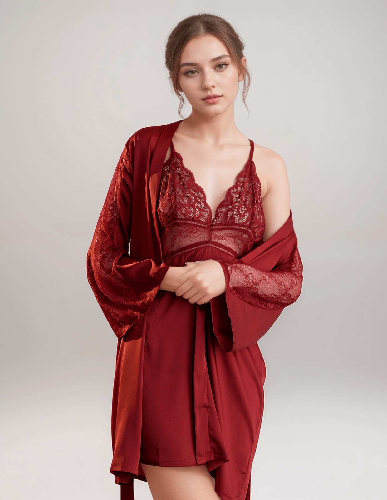 Luxurious Lace Satin Bridal Lingerie Set with Nightgown & Robe - 7 Colors Next Day Shipping - Luzilly Bridal & Apparel