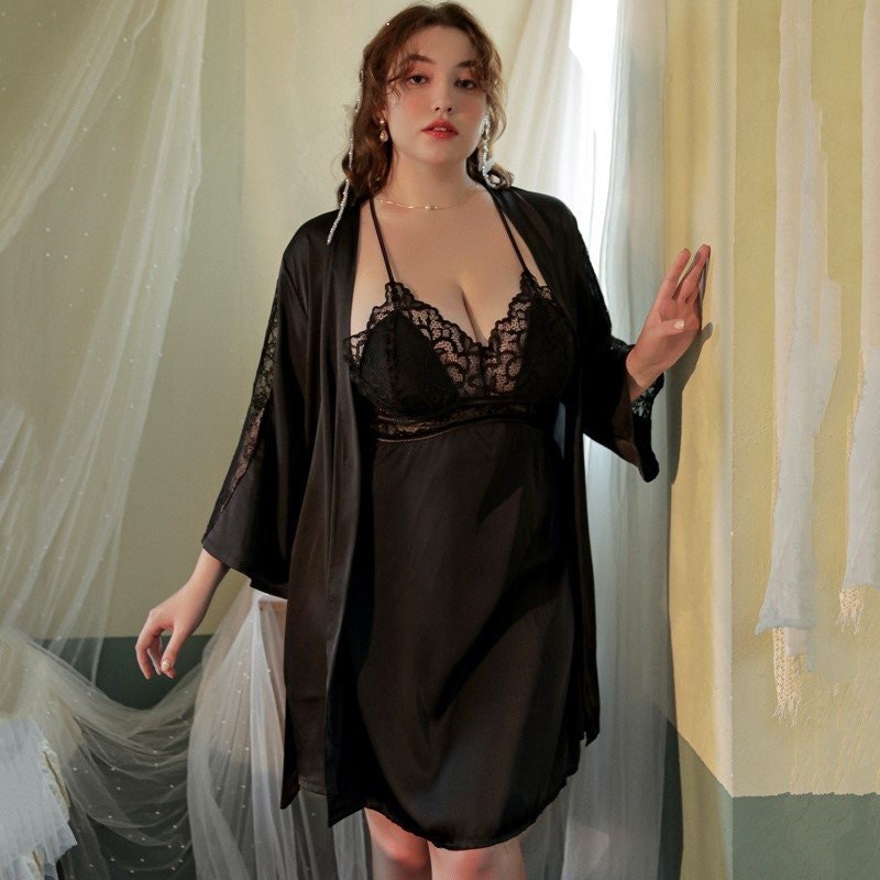 Luxurious Lace Satin Bridal Lingerie Set with Nightgown & Robe - 7 Colors Next Day Shipping - Luzilly Bridal & Apparel