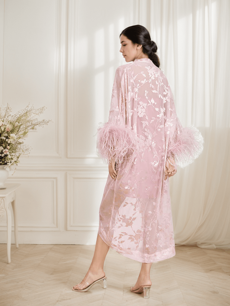 Luxurious Sequin Embroidered Lace Ostrich Feather Robe Set – Blush Pink Elegance - Luzilly Bridal & Apparel