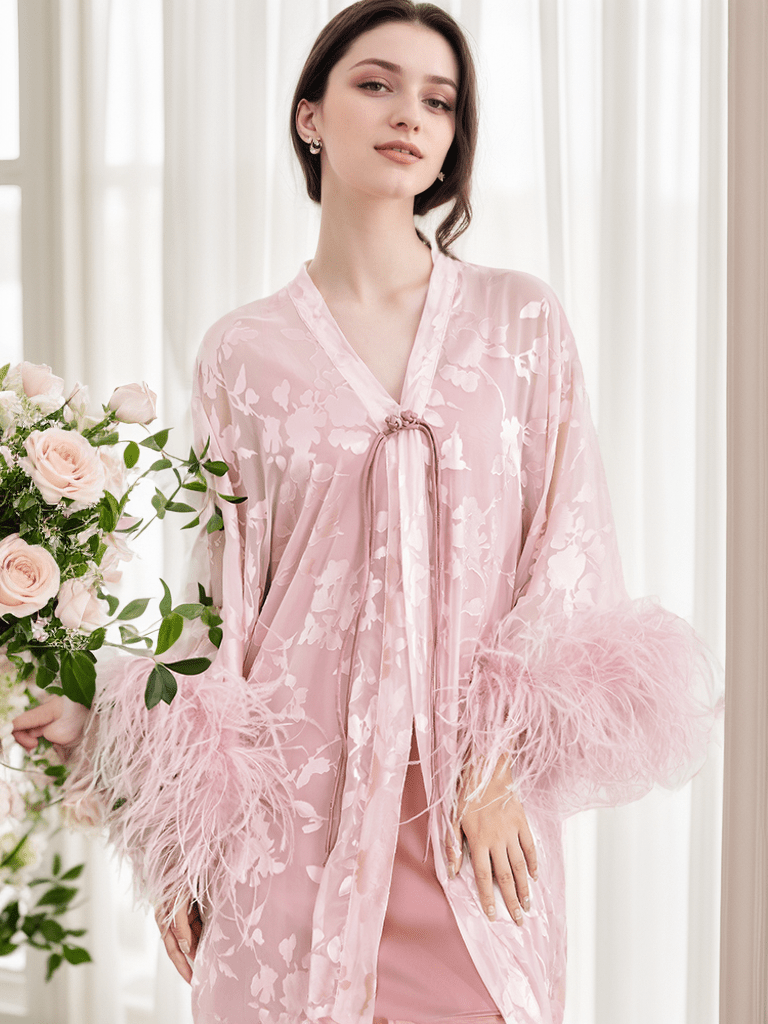 Luxurious Sequin Embroidered Lace Ostrich Feather Robe Set – Blush Pink Elegance - Luzilly Bridal & Apparel