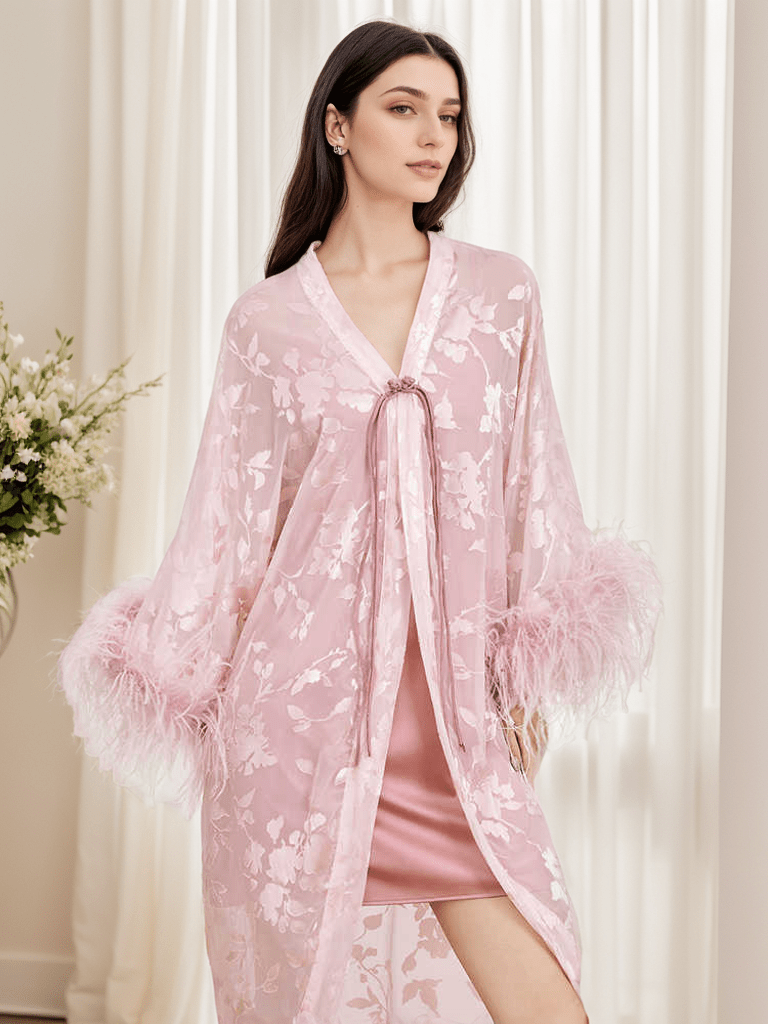Luxurious Sequin Embroidered Lace Ostrich Feather Robe Set – Blush Pink Elegance - Luzilly Bridal & Apparel