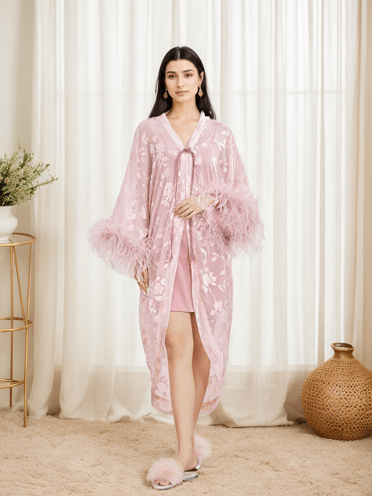 Luxurious Sequin Embroidered Lace Ostrich Feather Robe Set – Blush Pink Elegance - Luzilly Bridal & Apparel