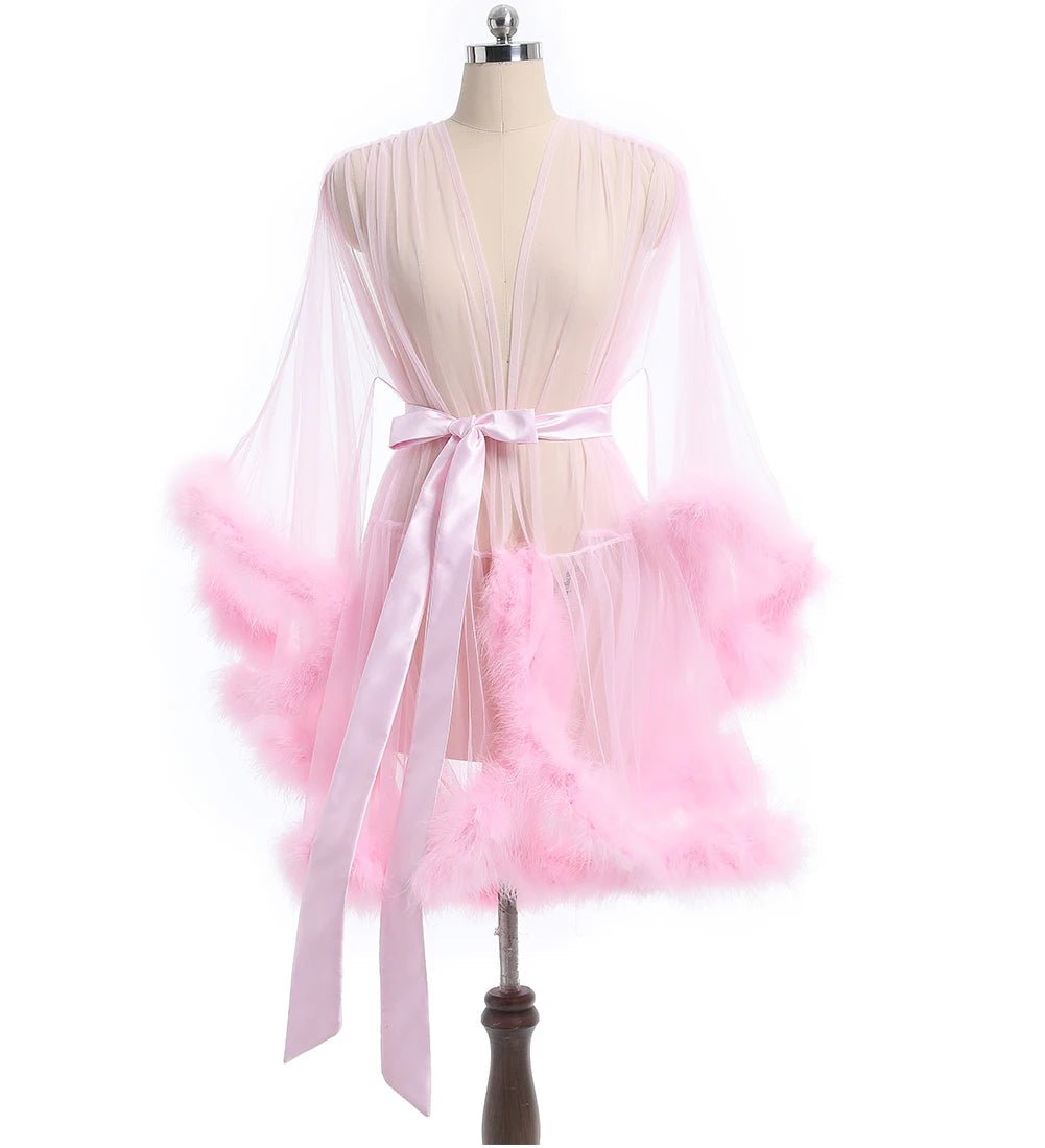 Luxurious Sheer Bridal Robe with Feathered Hem and Satin Tie - Luzilly Bridal & Apparel