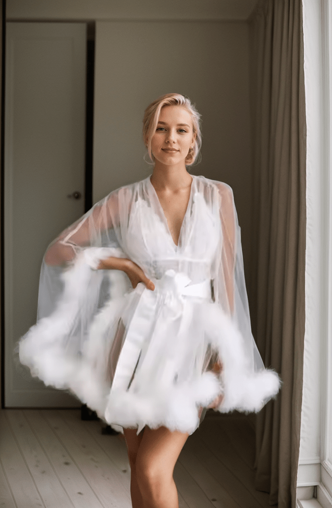 Luxurious Sheer Bridal Robe with Feathered Hem and Satin Tie - Luzilly Bridal & Apparel