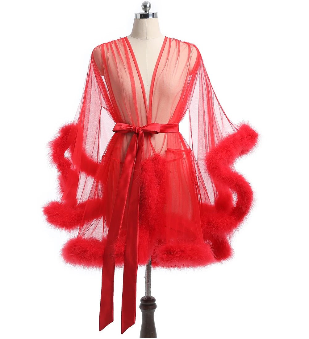 Luxurious Sheer Bridal Robe with Feathered Hem and Satin Tie - Luzilly Bridal & Apparel