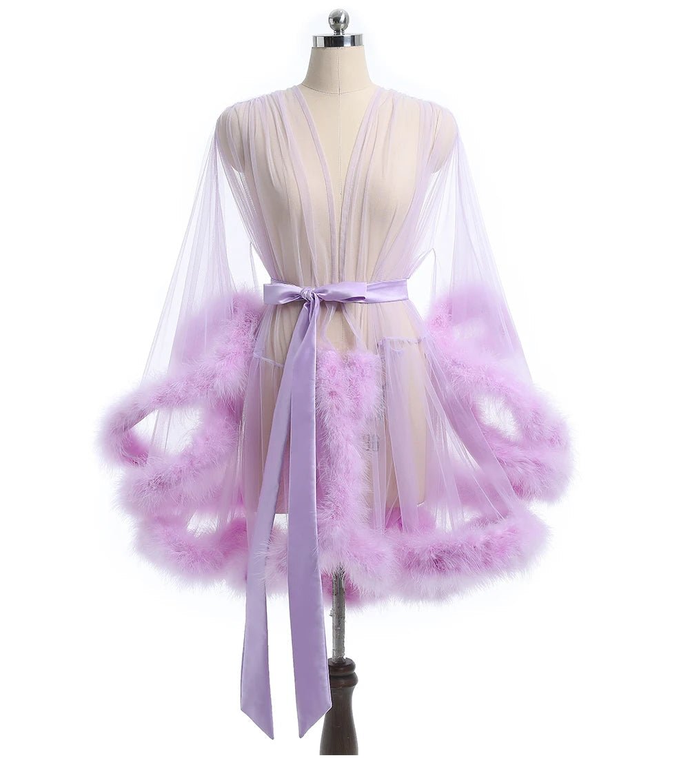 Luxurious Sheer Bridal Robe with Feathered Hem and Satin Tie - Luzilly Bridal & Apparel